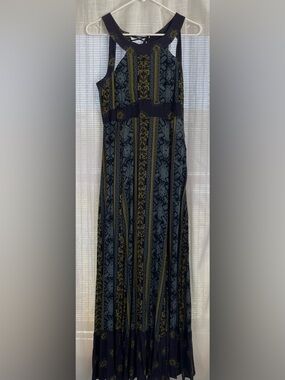 Free People Boho Maxi Dress in Navy and Olive Pattern